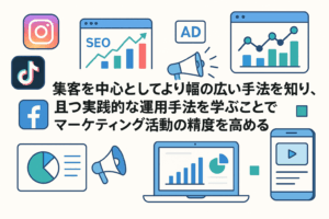 集客を中心としてより幅の広い手法を知り、 且つ実践的な運用手法を学ぶことで マーケティング活動の精度を高める